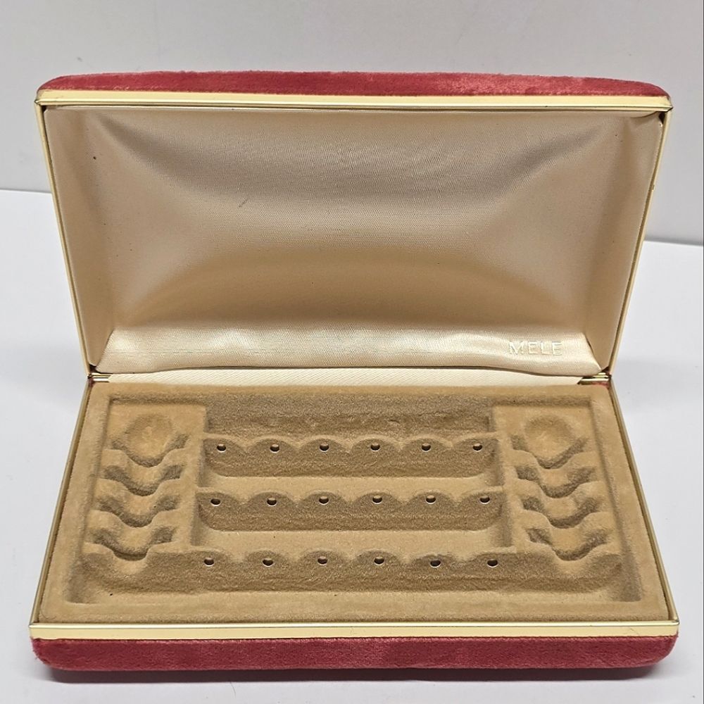 VINTAGE MELE JEWELRY TRAVEL BOX Organizer Cranberry Velour With Gold Accent